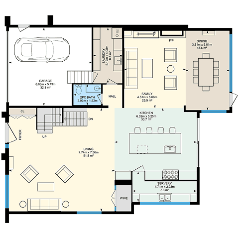 Color-coded iGuide floor plan showing room outlines and measurements