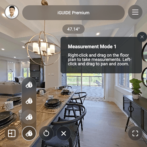 iGuide measurement mode showing live room dimensions inside the virtual tour