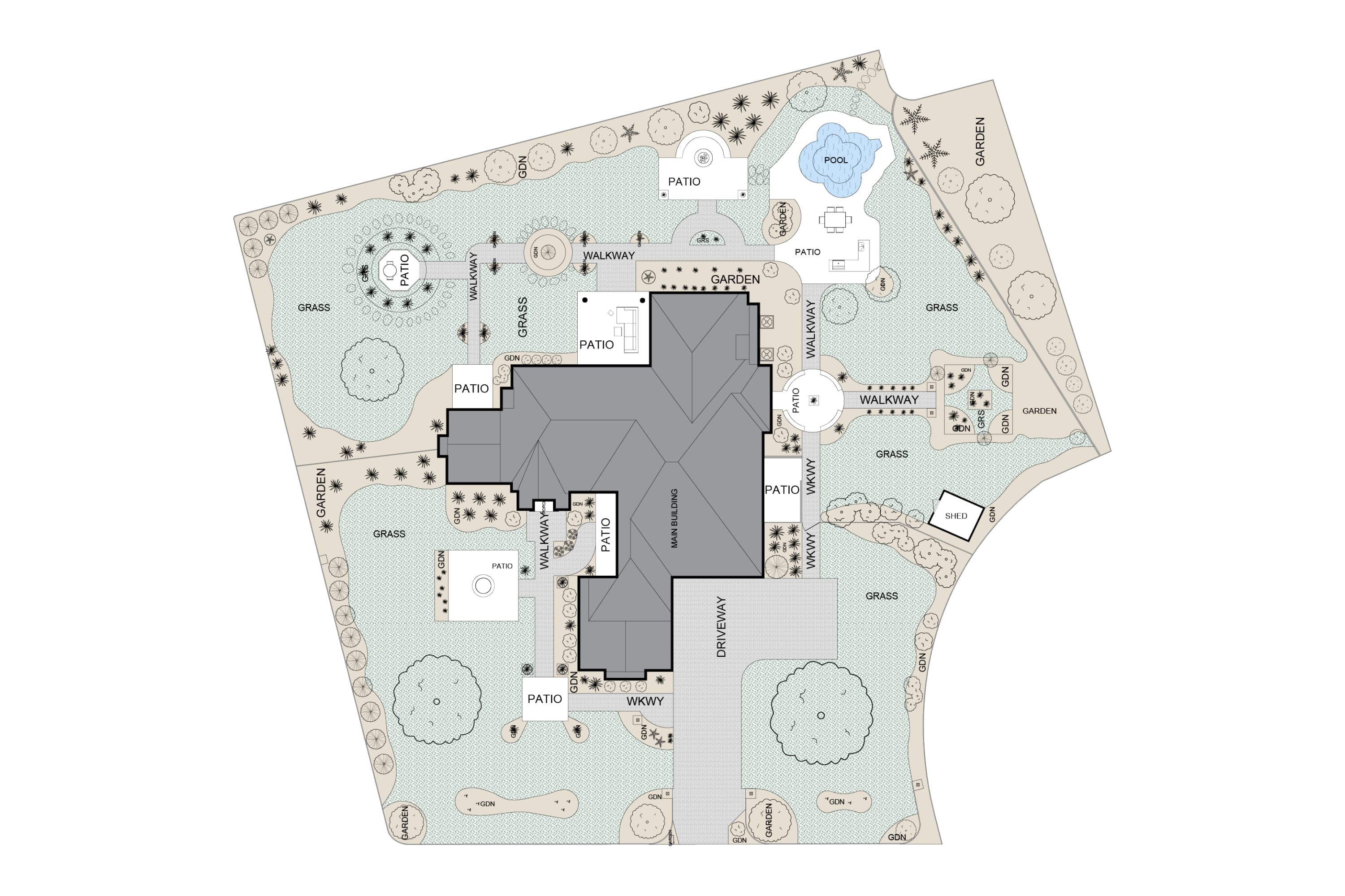 iGuide site plan showing a home, yard and pool