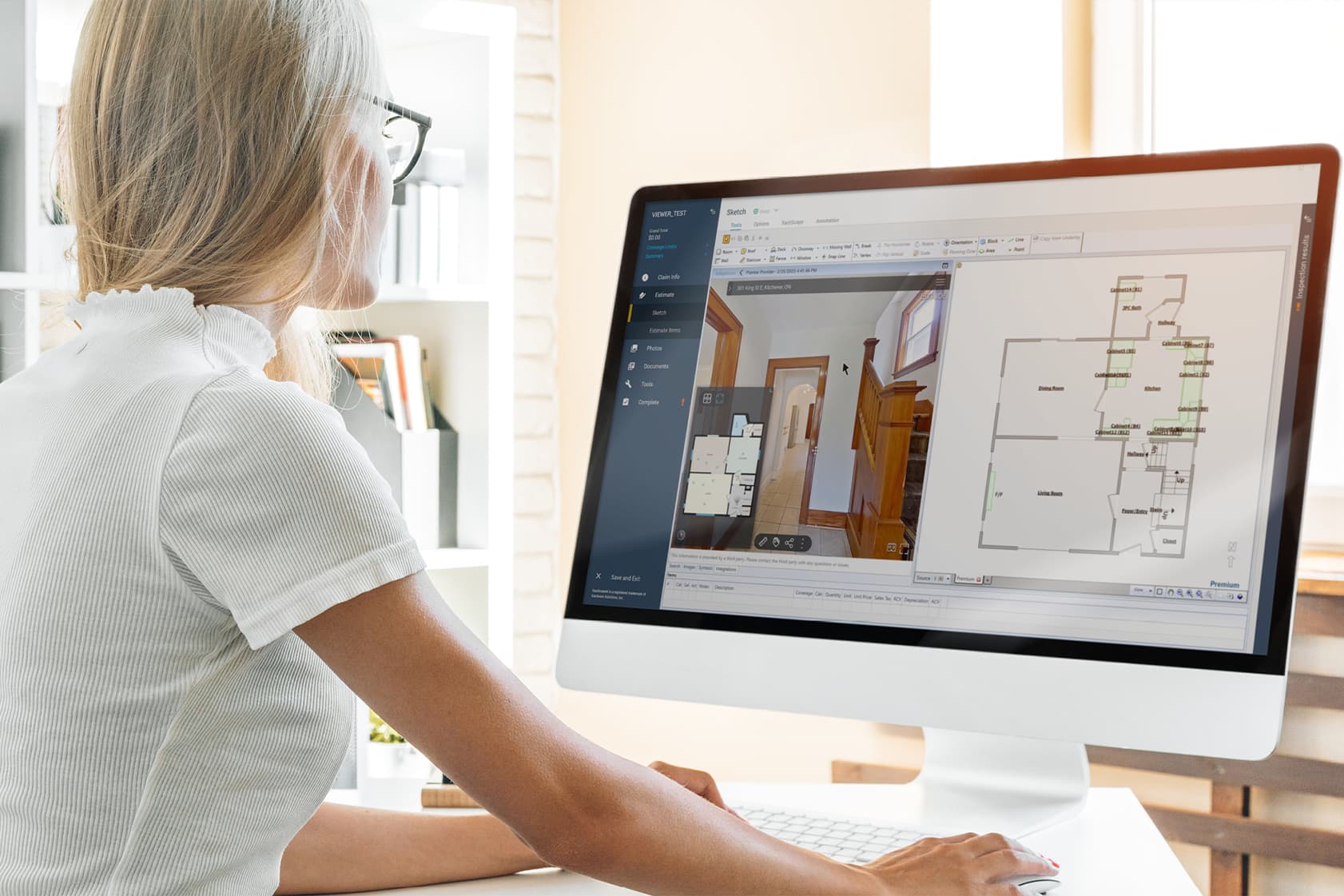 Adjuster reviewing an iGuide Xactimate sketch and 3D tour